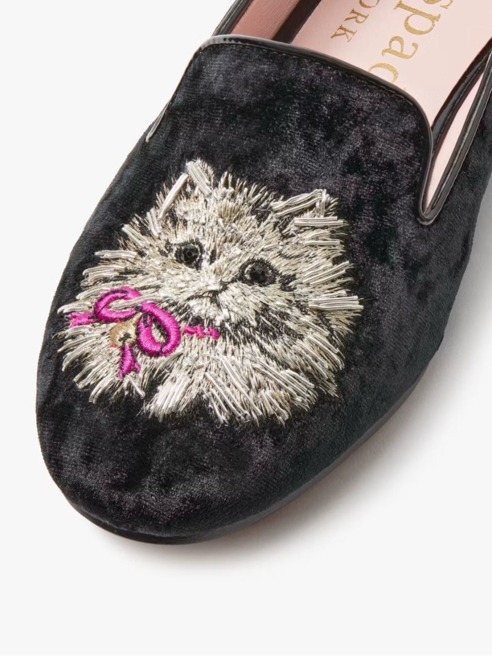 kate spade Black Velvet Loafers with Gold & Pink Embroidered Cat - Picture 4 of 4